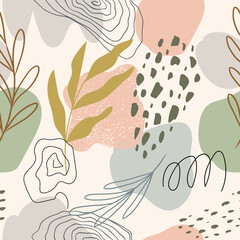 Seamless pattern with Abstract shape and Leaves. Boho design for print, wallpaper, fabric, cover. Vector illustration © Anna