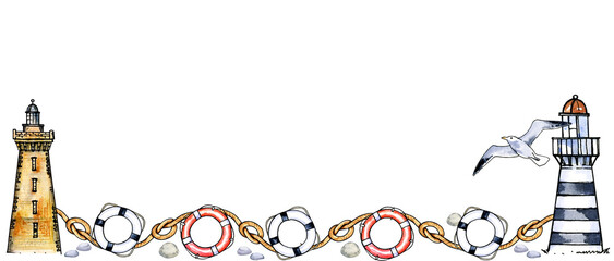 Watercolour border with lighthouse, seabird, lifesaver and knot on white background. Watercolor illustration. Hand draw sketch.