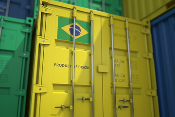 Shipping container with goods from Brazil and printed national flag. Production related 3D rendering