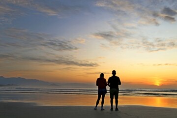 Red sky, rising sun, lots of light in the ocean waters. Magnificent marine sunset scene. Couple watching sunrise on the beach in the morning. Vibrant colors of the sun, reflections in the water 