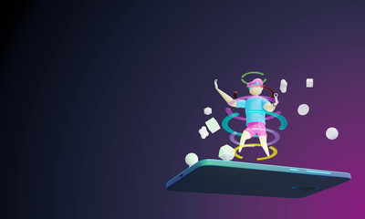 3d render. cute man rides on the phone screen in vr glasses