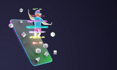 3d render. Ugly man flies out of the phone screen in vr glasses