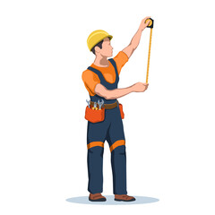 Worker use building roulette. Builder with metric tool. Man in uniform with engineer ruler. Isolated industrial scene. Contractor boy measure wall