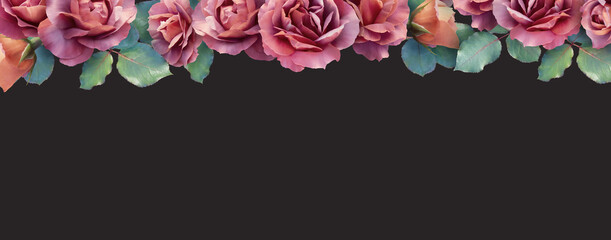 Floral banner, header with copy space. Red roses and iris isolated on dark background. Natural flowers wallpaper or greeting card.