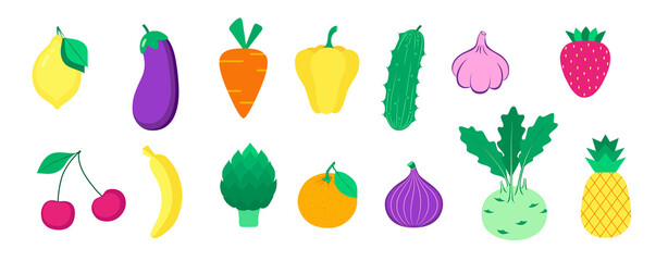 Set of organic fruits, vegetables and berries.