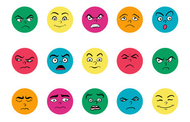 Cartoon cute and funny faces with positive and negative emotions.
