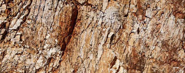 Grungy cragged bumpy pitted cavity stone facade, split layer gap.Ruined cracked shattered worn rough hiking canyon.Old ragged grunge steep marble cliff. Grand vintage crannied damaged impressive gorge