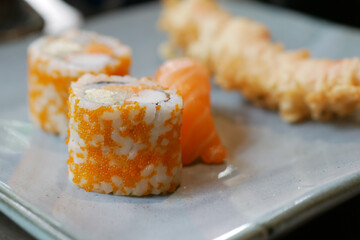sushi and traditional japanese food on table with copy space,