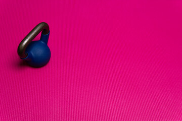 Mat blue kettlebell space yoga background sport exercise healthy, concept healthy lifestyle fitness equipment in muscle for violet loss, colorful indoor. Isolated activity active,