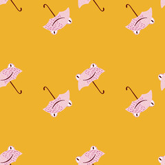 Seamless pattern cute frog umbrella. Background of funny accessory shape head toad in doodle style.