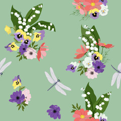 Vector pattern with anemone,lily of valley, pansies and dragonflies on a green background.