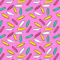 Desktop wallpaper, pattern on fabric, background. Donuts with icing and sprinkles, desserts, cakes. Confetti, pattern, colored glaze. Vector pattern.