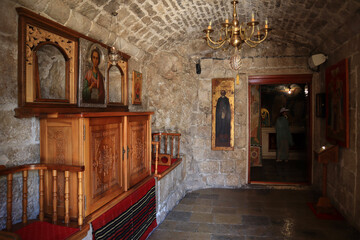 Fototapeta na wymiar Interior of Orthodox Monastery of the Nativity of the Blessed Virgin Mary in Cetinje, Montenegro 