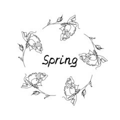 Fototapeta premium One line rose flowers wreath with text Spring. Single line floral drawings border