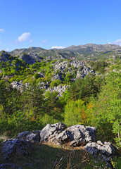Fototapeta na wymiar Landscape with mountains in Cetinje in sunny day, Montenegro