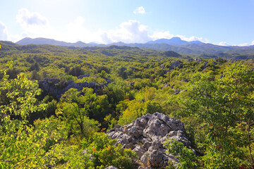 Landscape with mountains in Cetinje in sunny day, Montenegro