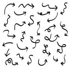 Hand Drawn Vector illustration of curved arrow. Black pointer isolated thick lines calligraphy Doodle on white background.
