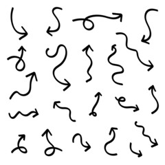 Hand Drawn Vector illustration of a curved arrow. Black pointer isolated thick lines calligraphy Doodle on white background.
