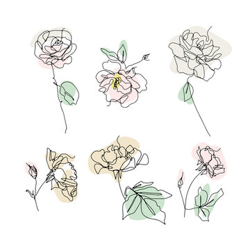 Set of one line drawing roses clip art. Hand drawn single line flower with neutral abstract shapes background