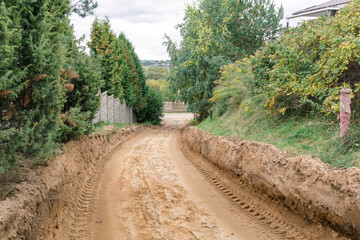 Road construction. Sand mounds and leveled land. Driveways. Creation of infrastructure. Nature...