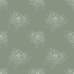 Seamless pattern with one single line drawings of peony flowers. White line on green background