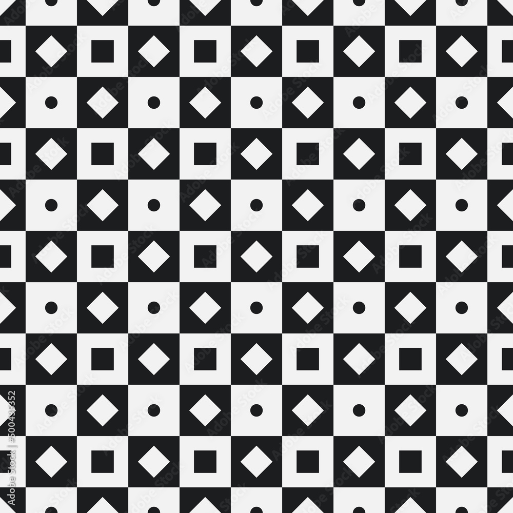 Poster Chessboard is a canvas on which rhombuses and squares are located. Vector with simple shapes of checkers. White rhombuses and black squares on a chessboard.
