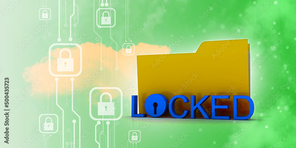 Poster yellow folder and lock. data security concept. 3d rendering