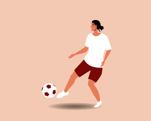 Woman in uniform playing soccer with ball, flat vector stock illustration, isolated soccer player