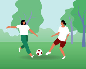 Women playing soccer in park, flat vector stock illustration with women's football in nature