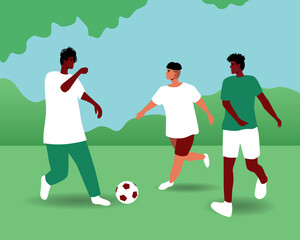 Fototapeta premium Multicultural group of people playing football in park, flat vector stock illustration with football players or outdoor sports