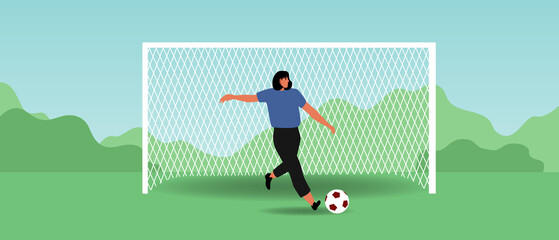 Fototapeta premium Women's football with female goalkeeper on goal, flat vector stock illustration with football player