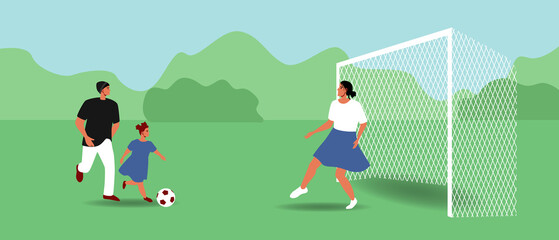Family with child as football team, flat vector stock illustration with daughter and parents playing football together