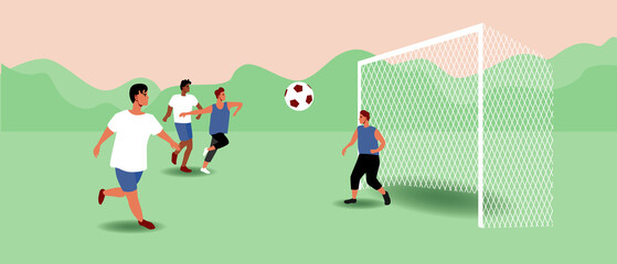 Kids playing soccer, junior team, flat vector stock illustration with boys with soccer ball