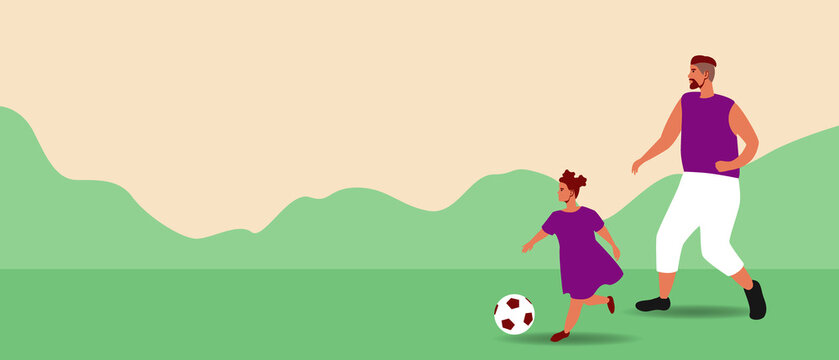 Parent with child playing football, flat vector stock illustration as copies space template, family active leisure with father and daughter