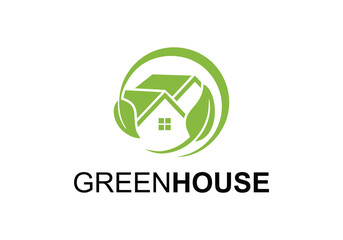 Green Circular House Icon with Leaf Symbol around isolated on White Background.