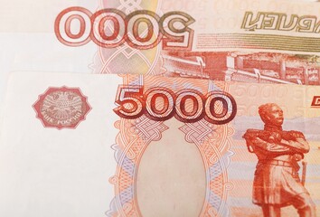 Russian money background. 5000 Russian roubles, russian rubles cash. Rubles in cash. Finance and business background.