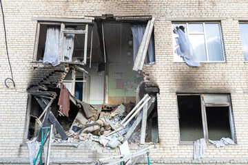 Barmashovo, Ukraine- March 18, 2022: War of Russia against Ukraine. Concept of invasion. Burned and...