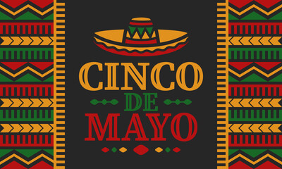 Cinco de Mayo in Mexico. Traditional mexican fiesta in May. National happy holiday with carnival, festival and parade. Latin american and spanish pattern. Illustration with sombrero. Vector poster