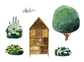 watercolor fairy garden clipart, cute house illustration clip art, flower bed - obrazy, fototapety, plakaty