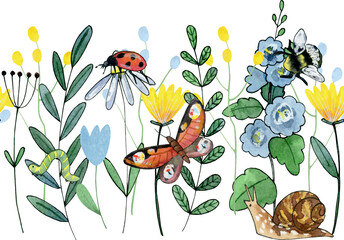 watercolor flower with garden insects seamless  border, blue yellow floral frame clipart,  digital illustration clip art © lyubovzaytseva