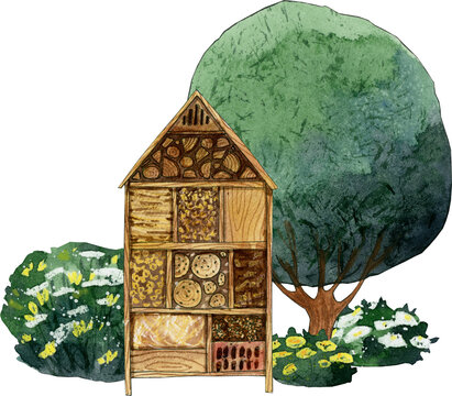 watercolor wooden insect hotel, tree, garden clip art preview