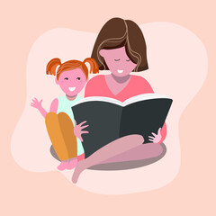 Daughter sits cuddled up to her mother, they read a book together, motherly love, vector illustration.