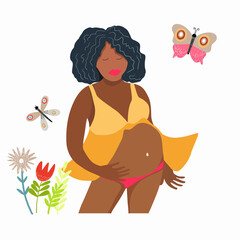 Dark-skinned pregnant Woman supports her belly with her hand, in underwear, flowers around, butterfly, appeasement, warm feeling, vector illustration, happy mother's day.