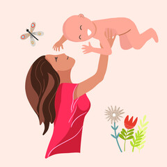 Woman throws a laughing baby up over her head, around flowers, butterfly, vector illustration, happy mother's day.