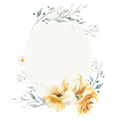 Watercolor painted floral round frame on white background. Blue and yellow wild flowers, branches, leaves and twigs.