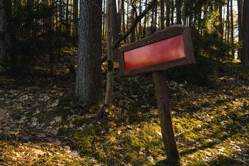 Wodden sign with empty copy space standing in the middle of the forest. Sign post in dark brown colour and red background in woodland and afternoon sunshine