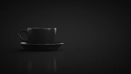 Black mug with a saucer on a black background. Copy space
