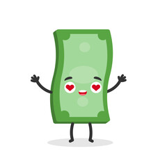 Happy money banknote with love eyes. Vector flat cartoon character illustration