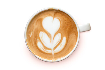 Top view of Latte coffee or cappuccino coffee in white cup with latte art