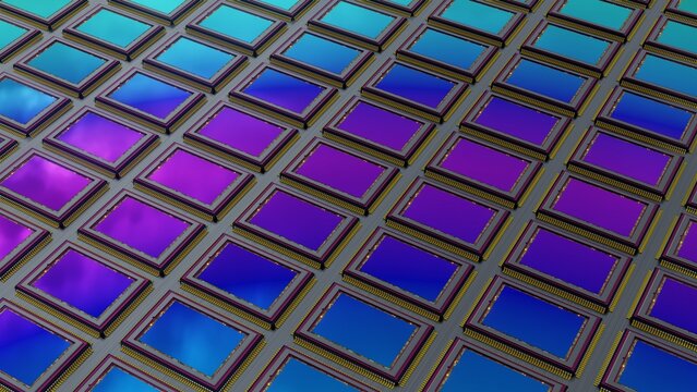 Background made of many modern digital camera back-illuminated sensors, just manufactured on the conveyor. 3D rendering